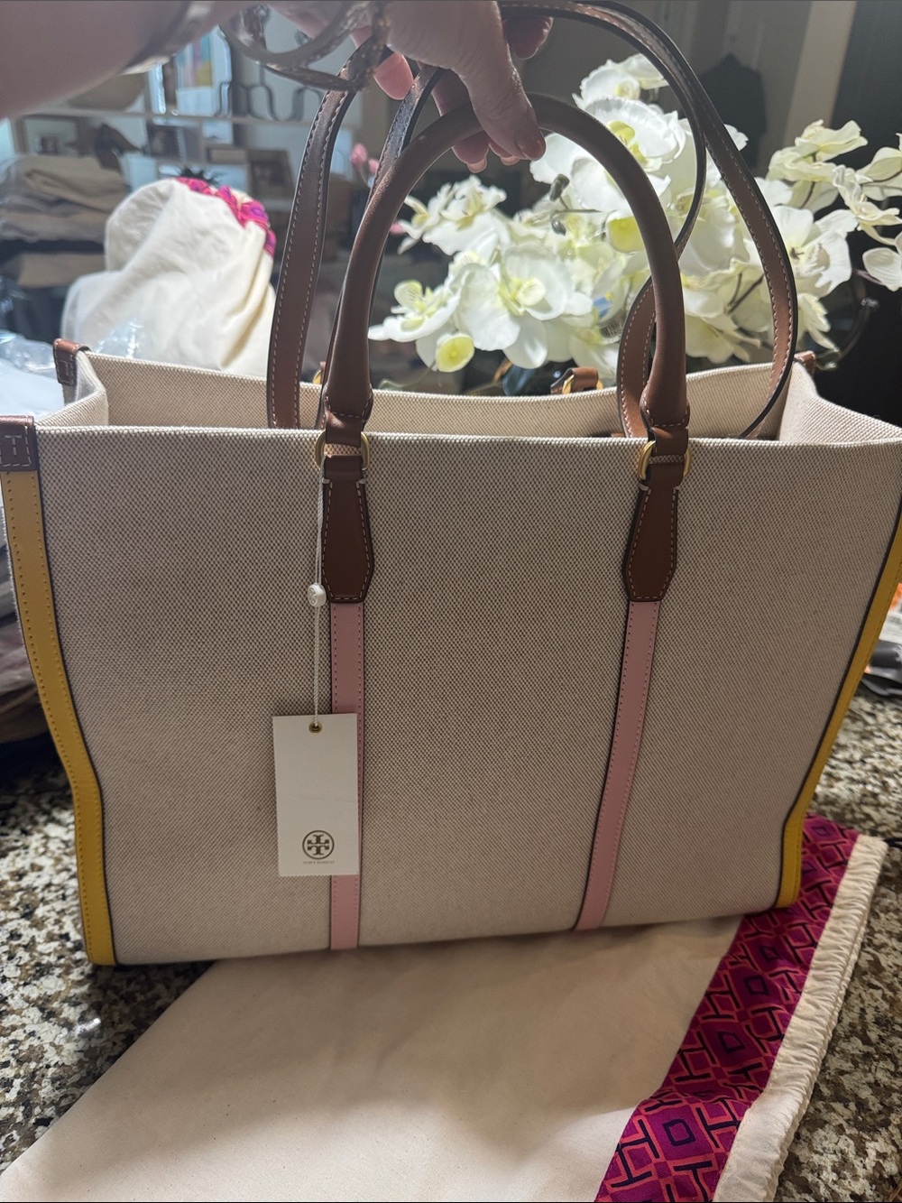 Tory Burch Cream Canvas Tote with Pink Trim and Brown Leather - Picture 2 of 5